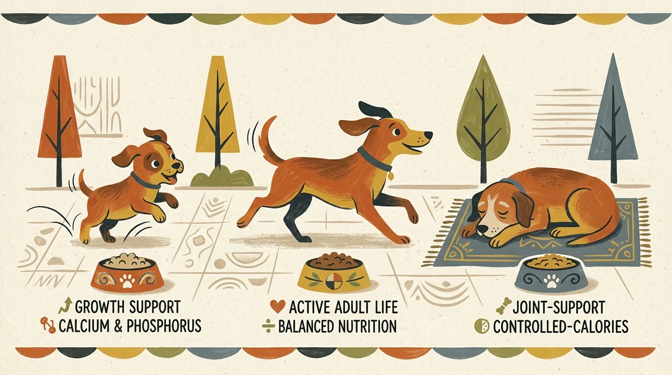 Illustration of a dog across puppy, adult, and senior life stages with matching food bowls and nutrition labels.