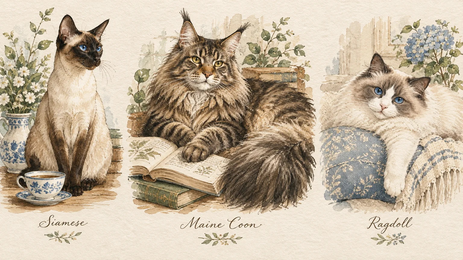 Watercolor illustration of three cats labeled Siamese, Maine Coon, and Ragdoll posed beside books and flowers.