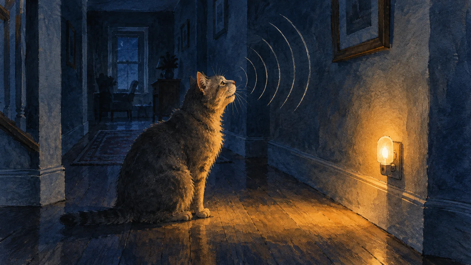 Illustration of an older cat yowling in a dark hallway illuminated by a single glowing nightlight.