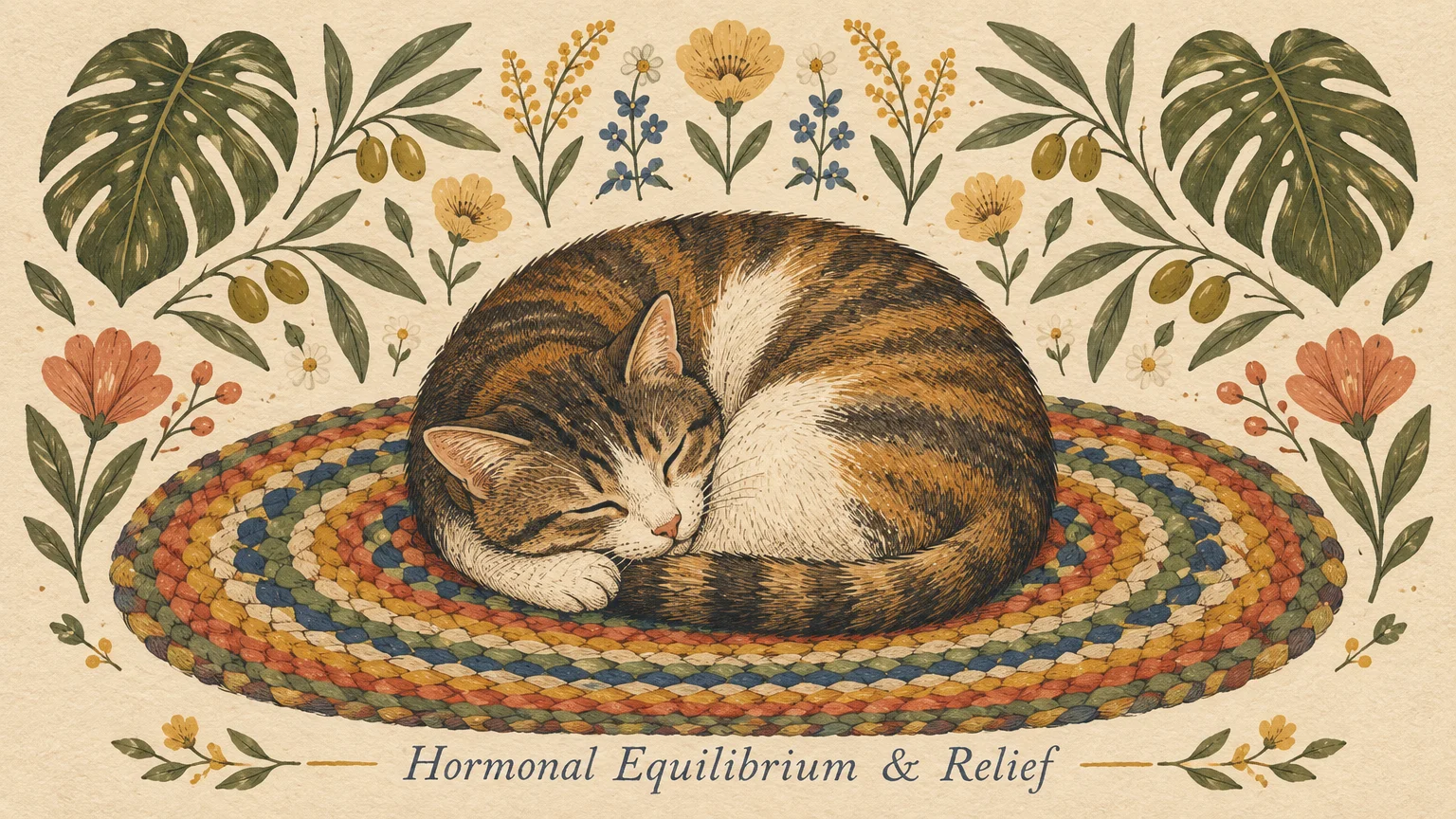 Illustration of a tabby and white cat sleeping curled on a woven rug, bordered by botanical leaves and flowers.