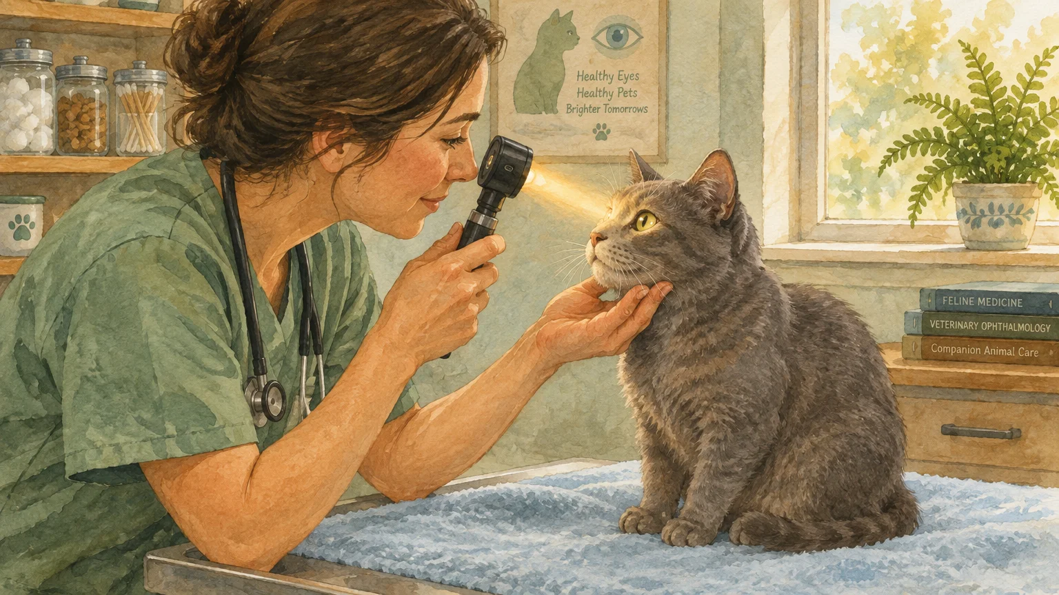 Veterinarian examining a grey cat's eye with a light device inside a veterinary clinic exam room.