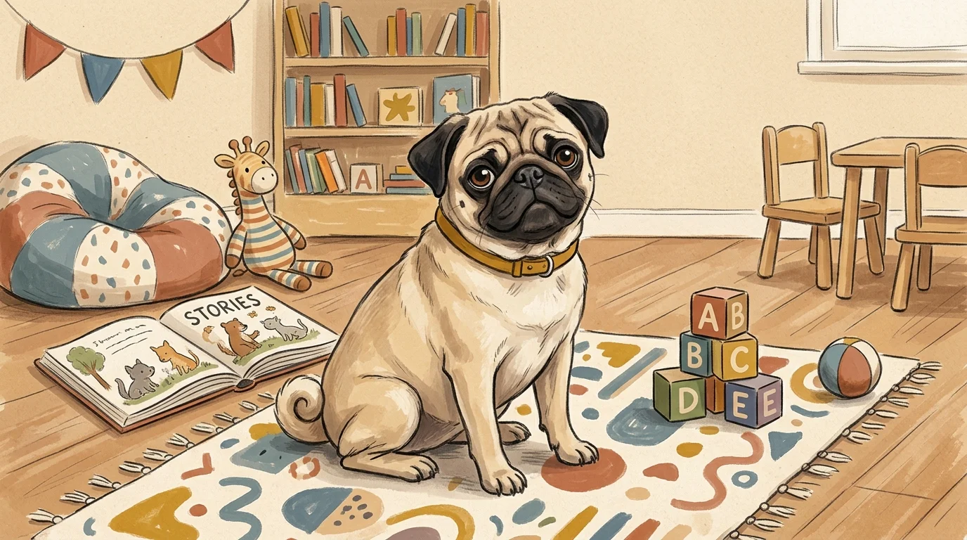 A fawn pug sits on a colorful rug in a child's playroom surrounded by alphabet blocks and an open storybook.