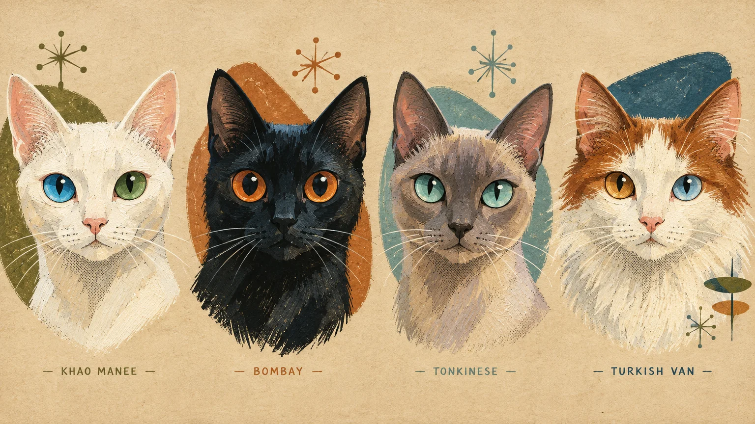 Mid-century style gouache illustration of four cat portraits: Khao Manee, Bombay, Tonkinese, and Turkish Van.