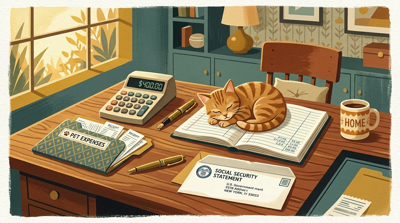 Illustration of a desk with a sleeping cat on a ledger, a calculator reading $400, and a Social Security statement.