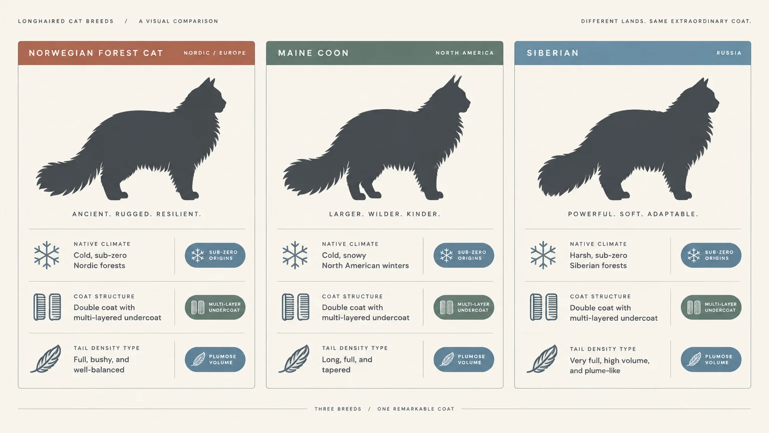 Infographic comparing silhouettes, native climates, coat structures, and tail types of Norwegian Forest Cat, Maine Coon, and Siberian.
