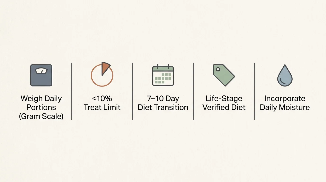 Five minimalist icons with labels detailing pet feeding tips, including a scale, pie chart, calendar, tag, and water drop.