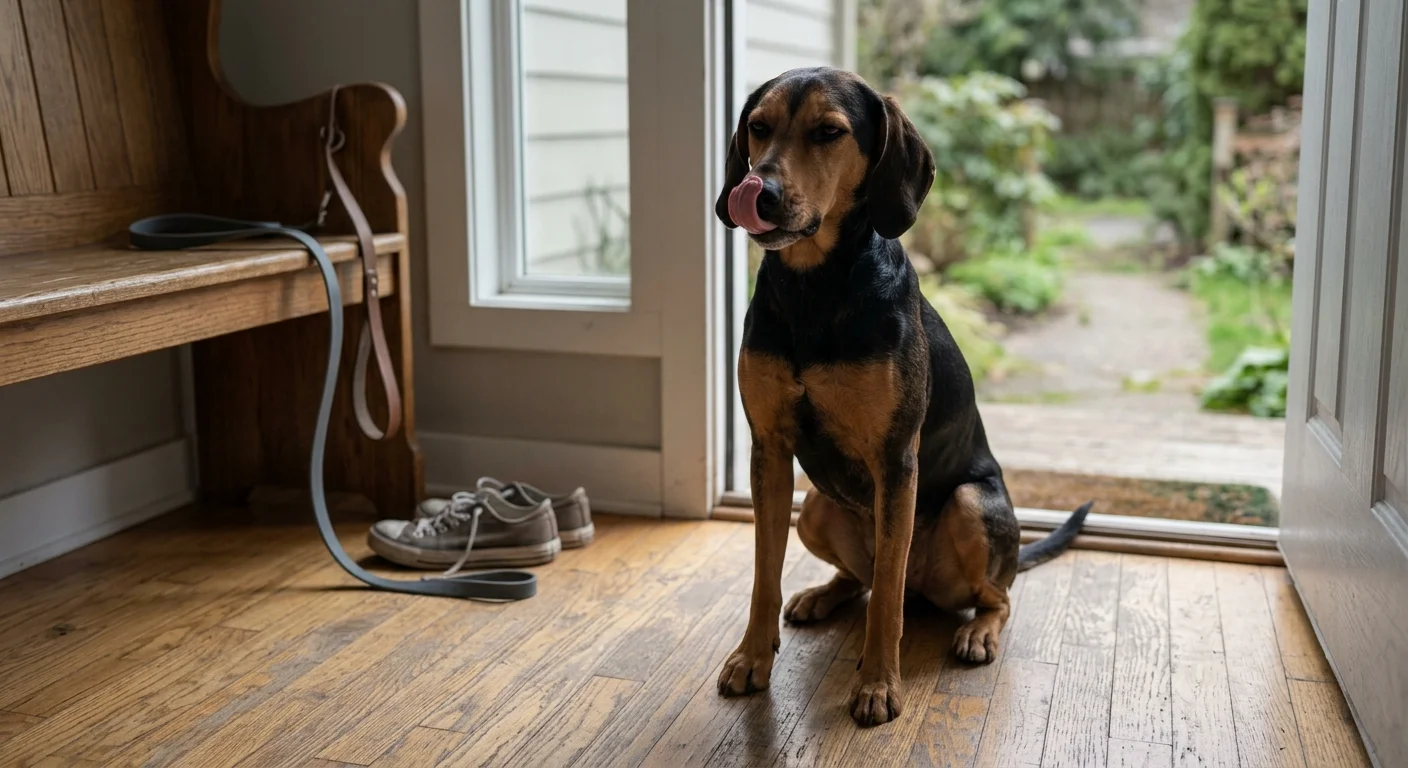 A black and tan dog sits on a wooden floor near an open doorway, licking its nose with its tongue out.