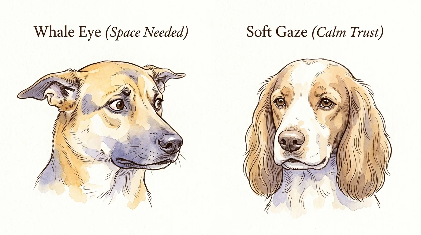 Watercolor illustration comparing a tense dog showing whale eye labeled Space Needed to a relaxed dog labeled Soft Gaze.