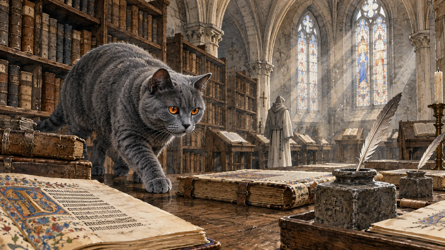 Grey cat prowling on a desk near illuminated manuscripts inside a sunlit monastery library alongside a monk.