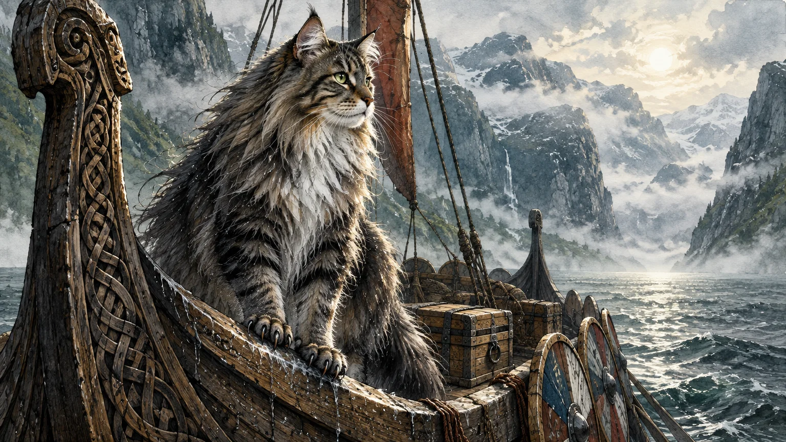 Long-haired tabby cat sitting on the prow of a carved wooden Viking ship sailing past foggy, mountainous fjords.