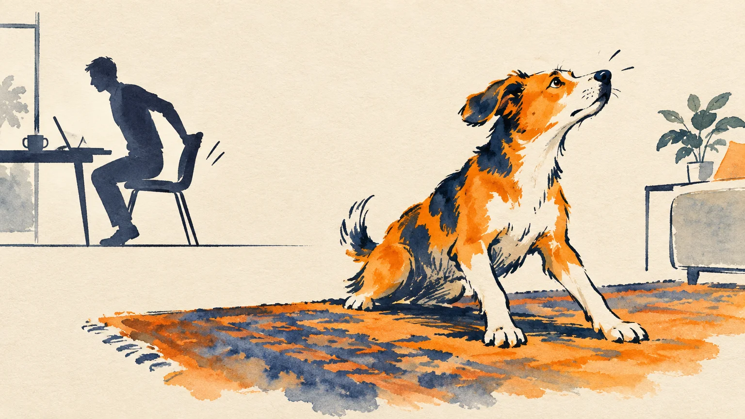 Watercolor illustration of an attentive dog perking up on a rug while a man rises from his desk chair in the background.