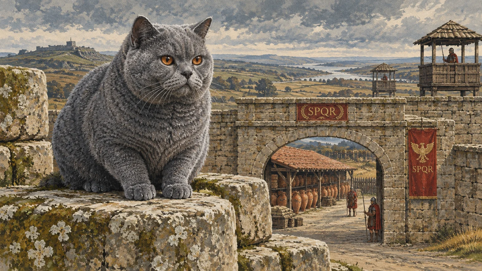 Illustration of a large grey cat resting on stone blocks before a Roman stone fortress with watchtowers and soldiers.