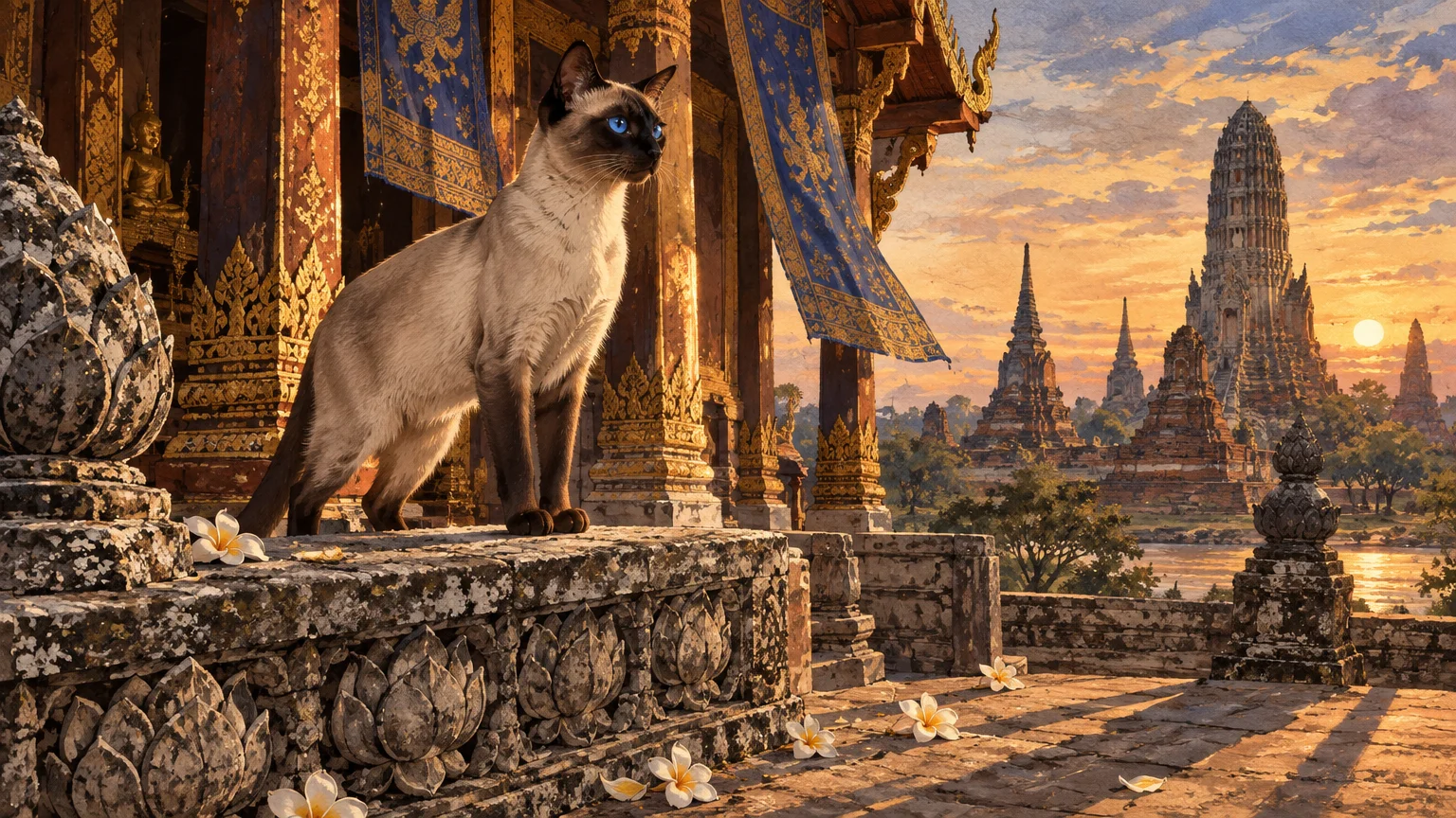 Siamese cat standing on a carved stone ledge of an ornate Thai temple overlooking pagodas at sunset.