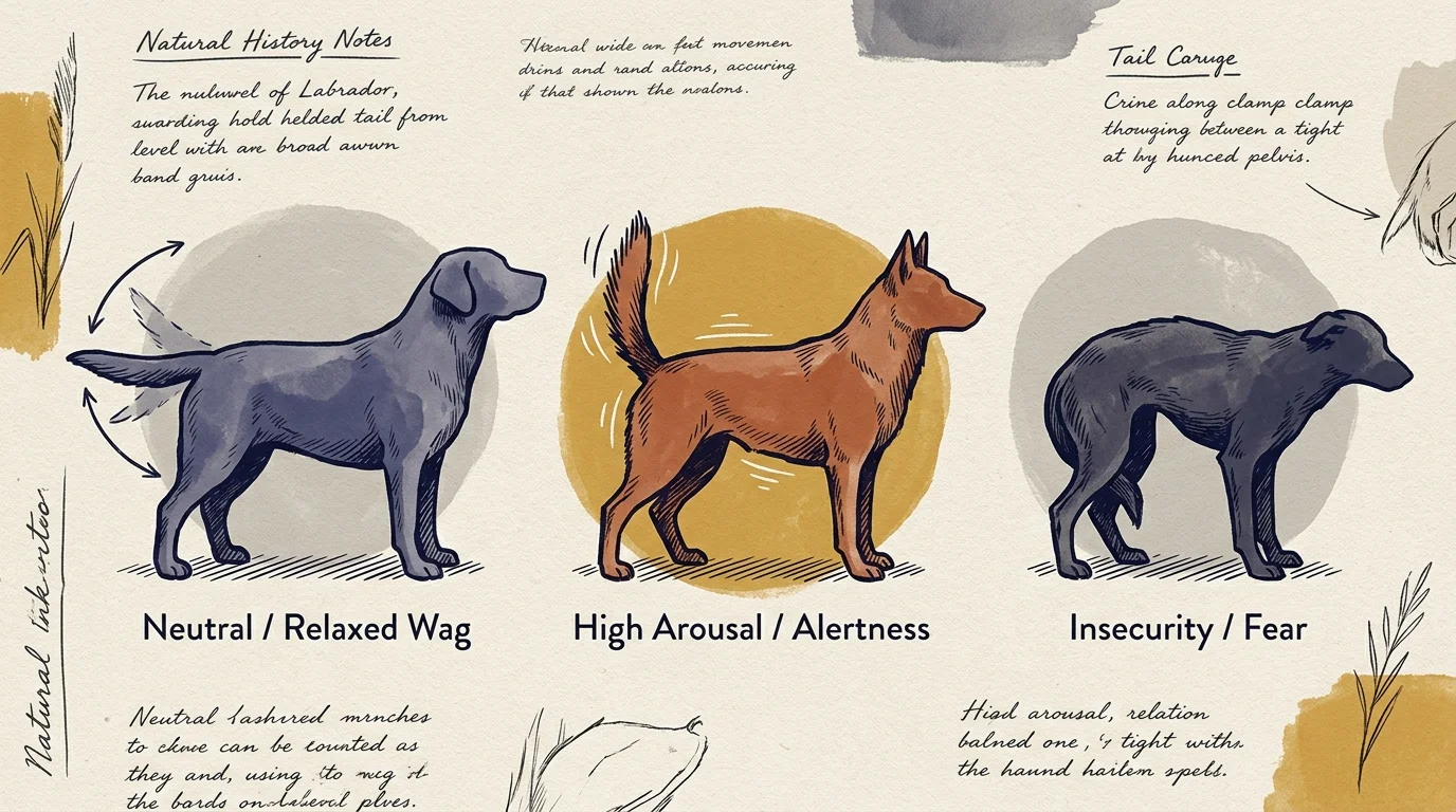 Three illustrated dogs demonstrating tail positions labeled Neutral Wag, High Arousal Alertness, and Insecurity Fear.