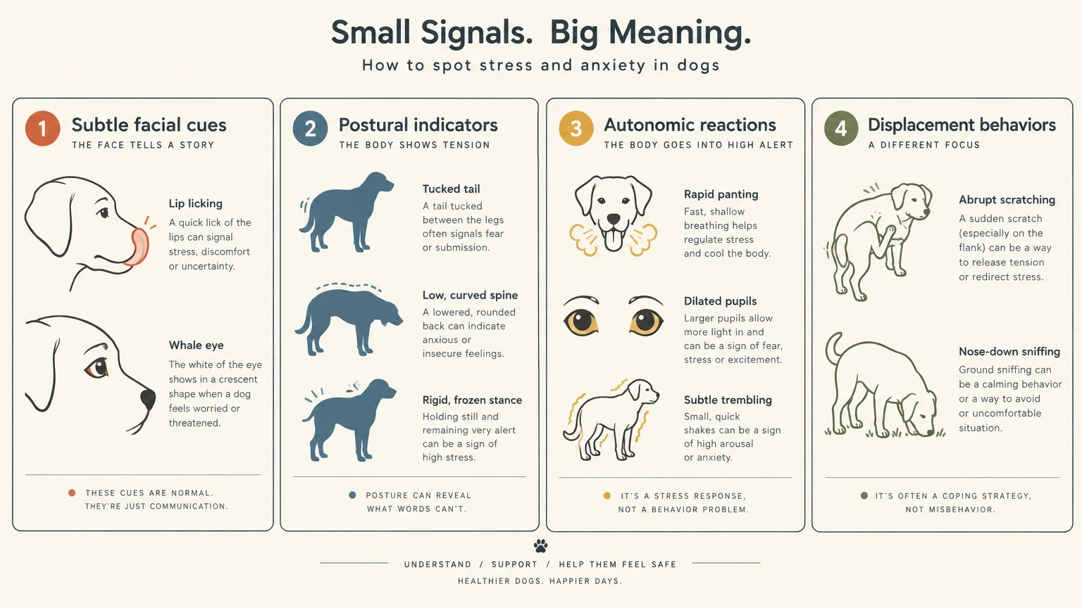 Four-panel infographic illustrating dog stress signs across facial cues, postures, autonomic reactions, and behaviors.