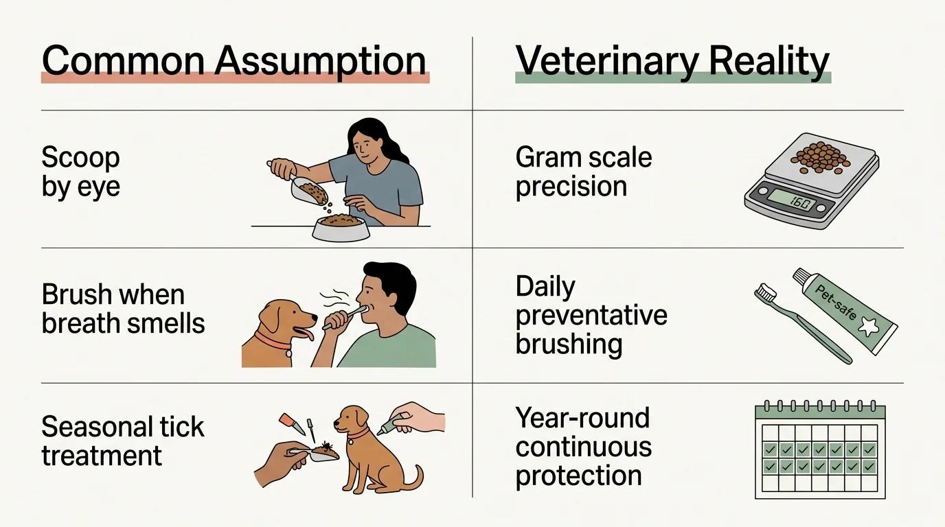 Infographic contrasting three common pet assumptions with veterinary realities for feeding, brushing, and tick control.