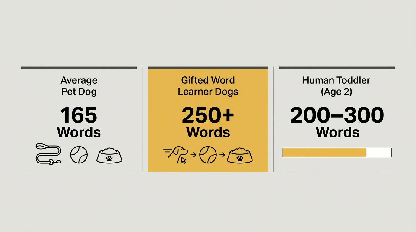 Three-panel graphic comparing vocabulary counts for an average pet dog, gifted word learner dogs, and a two-year-old toddler.