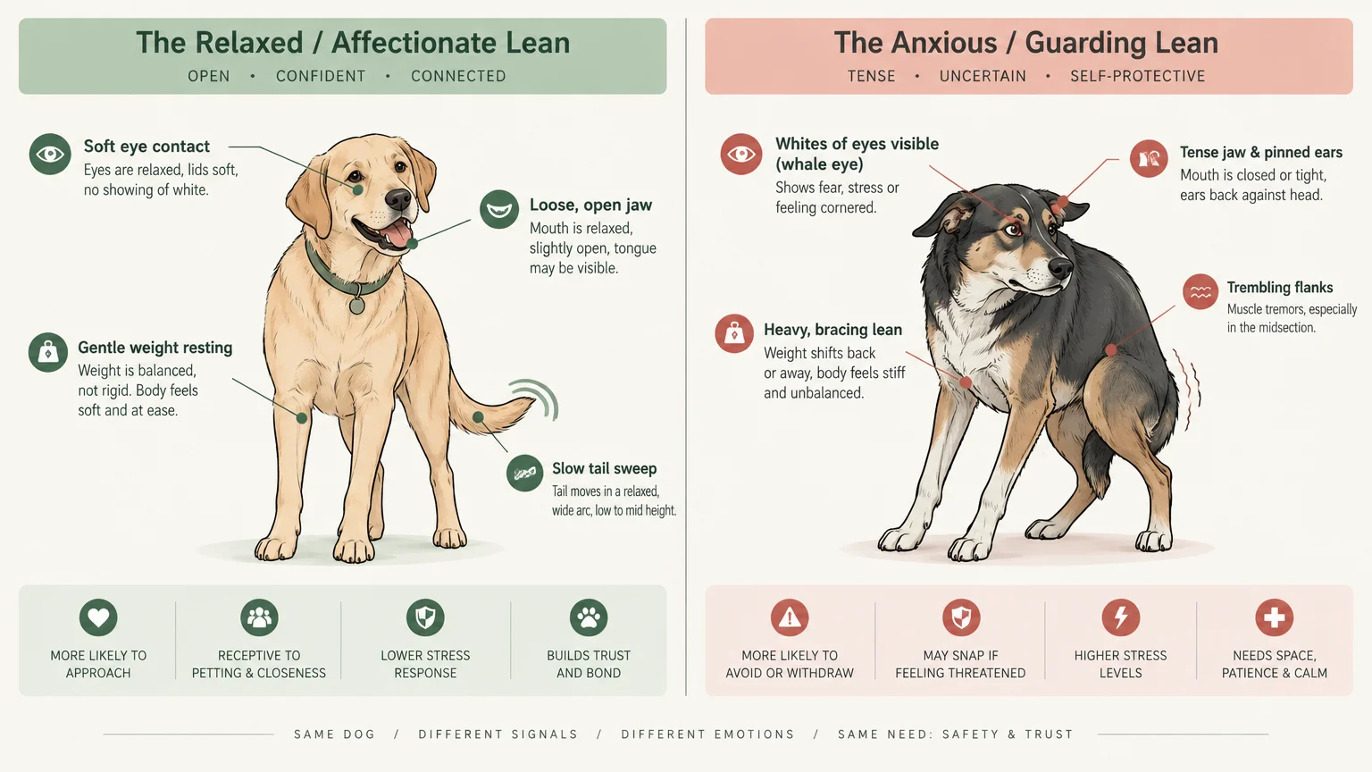 Diagram comparing body language of a relaxed, affectionate dog with an anxious, guarding dog leaning tensely.