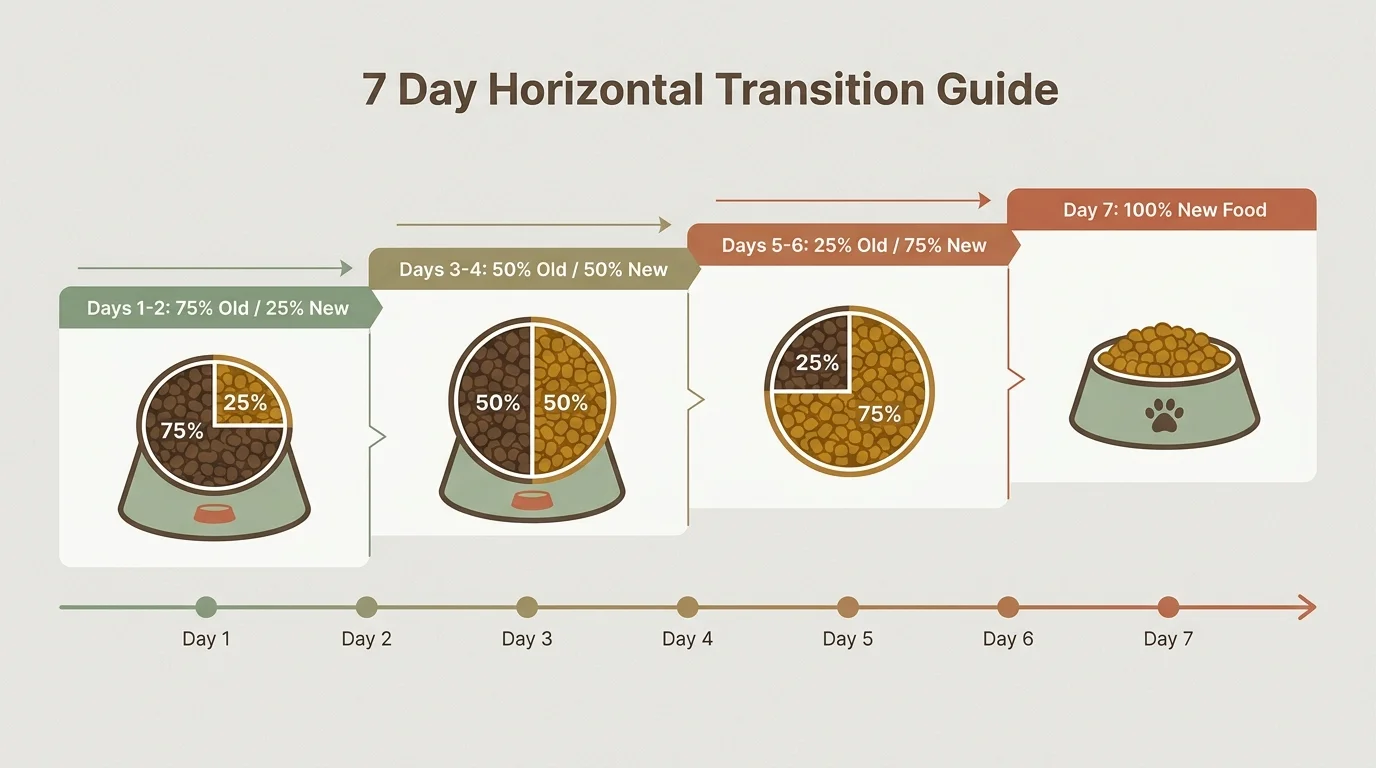 A 7-day horizontal transition guide diagram showing pet food bowls with ratios shifting from old to new kibble.