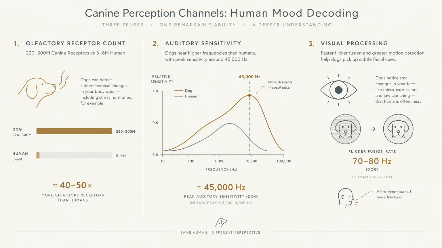 Diagram comparing dog and human olfactory receptors, auditory frequency sensitivity, and visual processing.