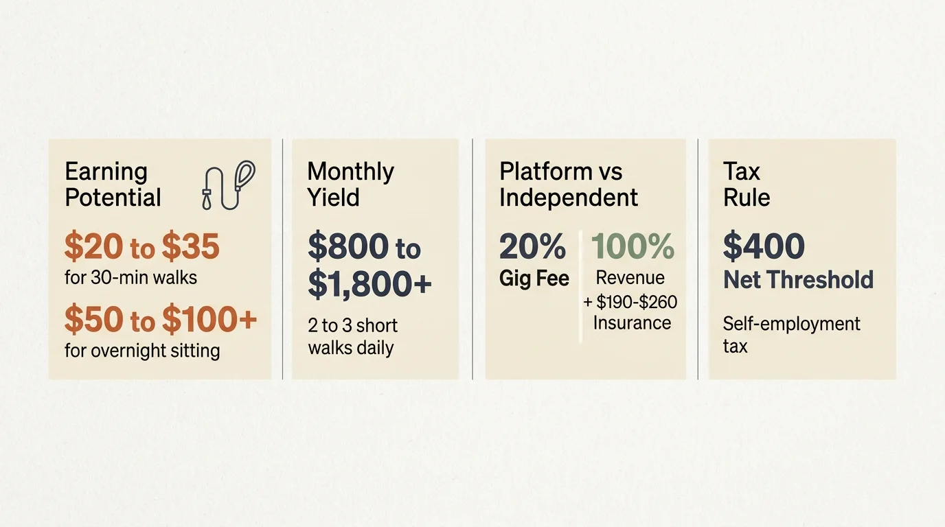 Four-panel infographic detailing pet-sitting earning potential, monthly yield, platform fees, and tax thresholds.