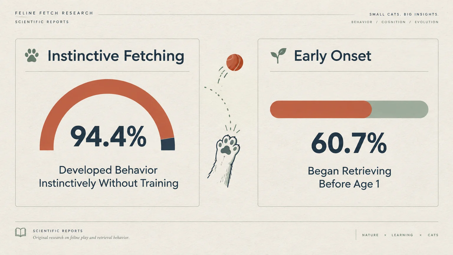Infographic showing 94.4% instinctive fetching and 60.7% early onset retrieval before age one, with a cat paw batting a ball.