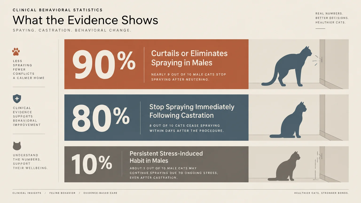 Infographic showing 90%, 80%, and 10% statistics alongside cat silhouettes illustrating reduced spraying behavior.
