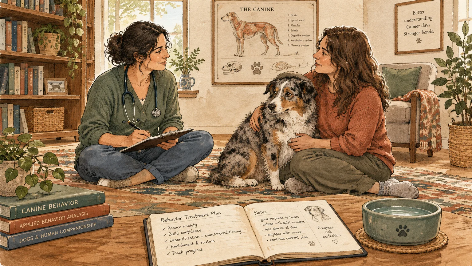 Illustration of a veterinarian taking notes on the floor beside a woman hugging an Australian Shepherd near an open notebook.