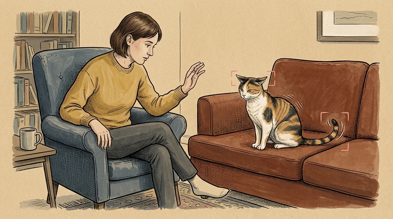 Illustration of a woman pulling her hand back from a calico cat sitting on a couch with flattened ears and a twitching tail.