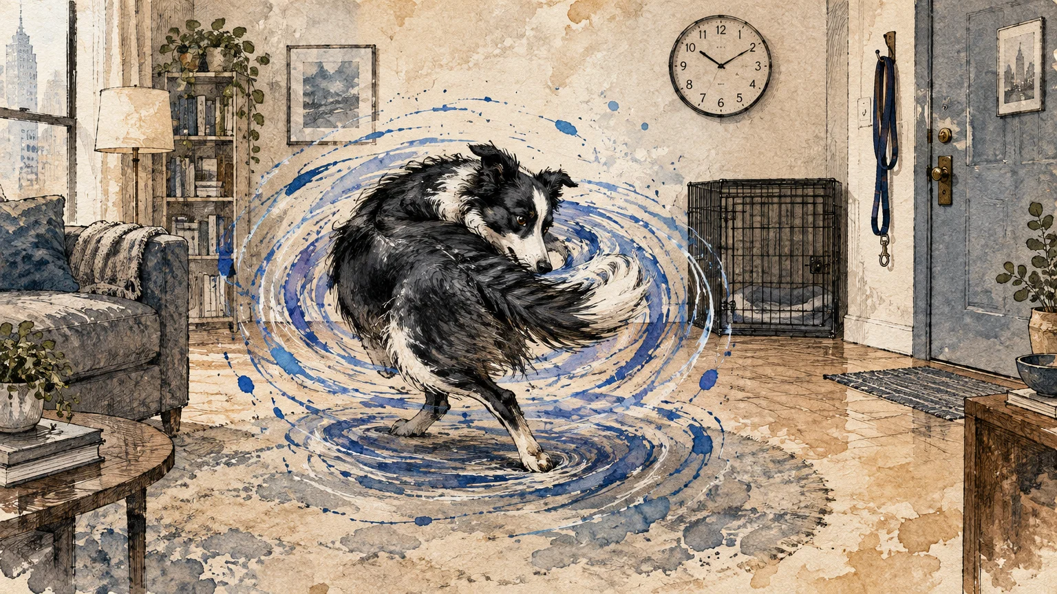Watercolor illustration of a Border Collie spinning in circles chasing its tail in a living room with a wire crate.