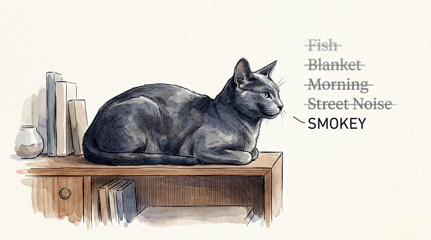 Watercolor illustration of a grey cat resting on a wooden shelf next to books, ignoring words until its name is spoken.