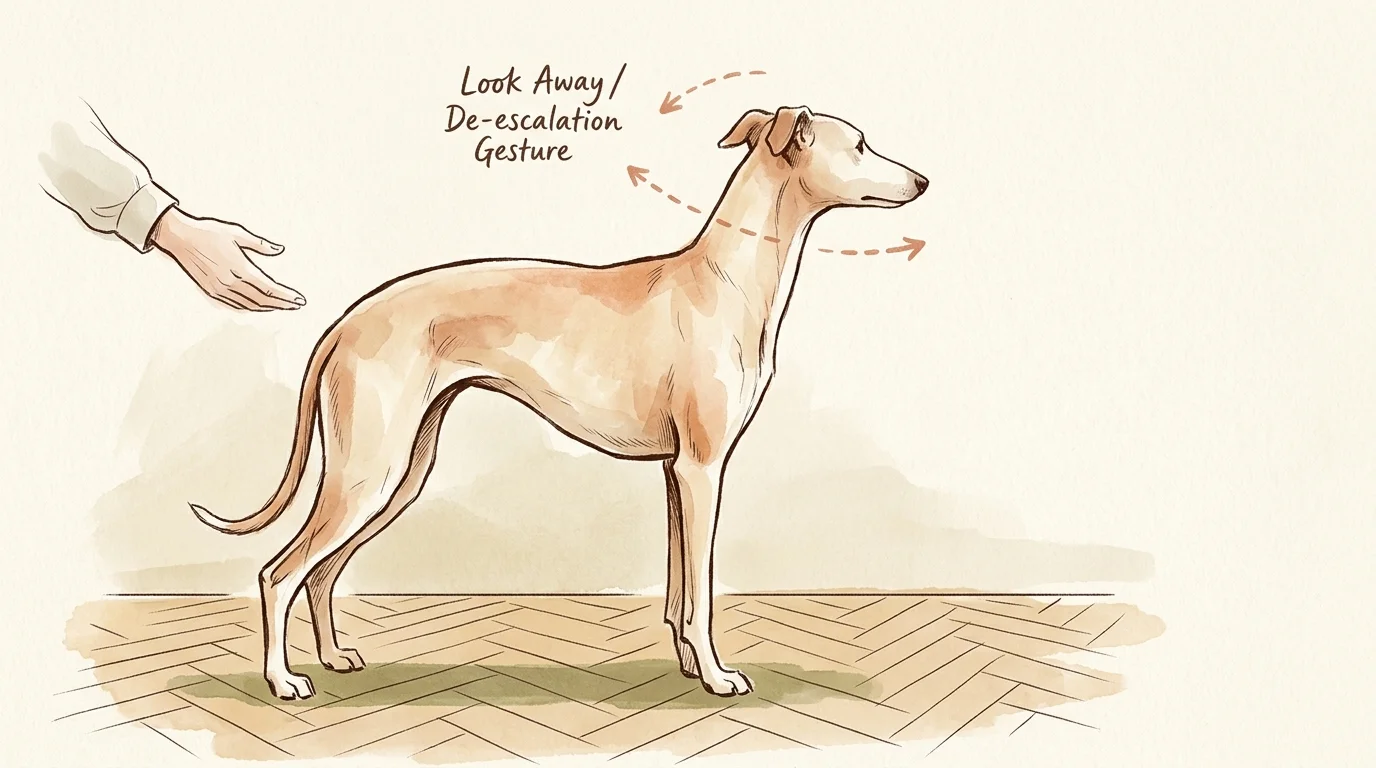 Watercolor illustration of a slender dog turning its head away as a person reaches toward it, with diagram arrows.