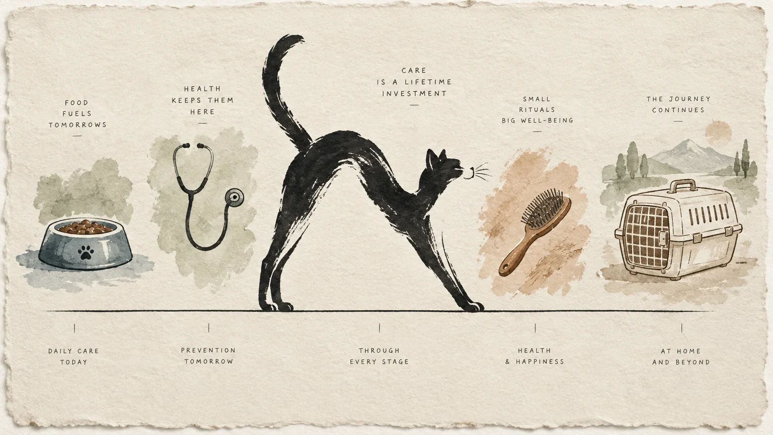 Watercolor illustration of a black cat stretching beside a food bowl, a stethoscope, a brush, and a carrier.