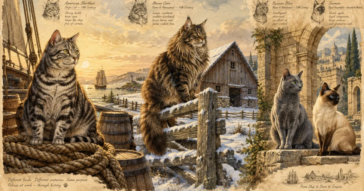 Four illustrated cat breeds depicted in their historical working environments: ship deck, snowy farm, and stone courtyard.