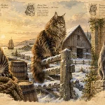 Four illustrated cat breeds depicted in their historical working environments: ship deck, snowy farm, and stone courtyard.