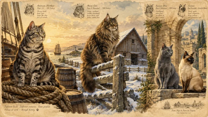 Four illustrated cat breeds depicted in their historical working environments: ship deck, snowy farm, and stone courtyard.