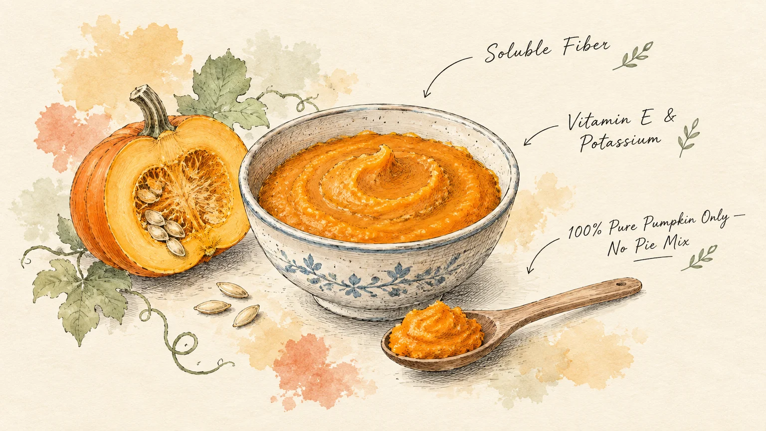 Illustration of a bowl of pumpkin puree, half an open pumpkin, a wooden spoon, and handwritten nutritional notes.