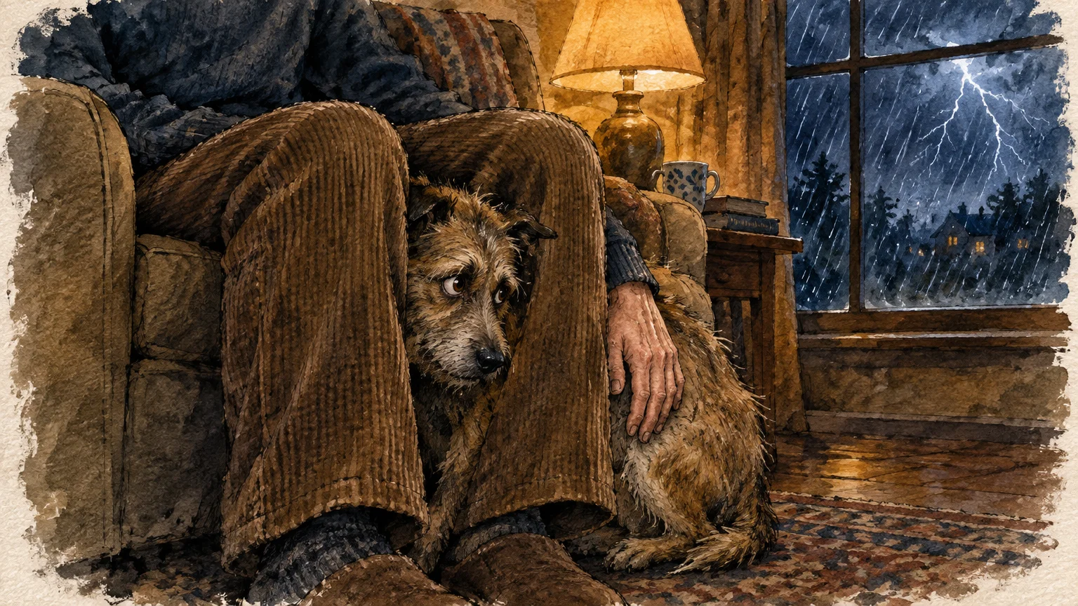 Illustration of a frightened terrier sheltering between the legs of a seated person during a stormy thunderstorm.