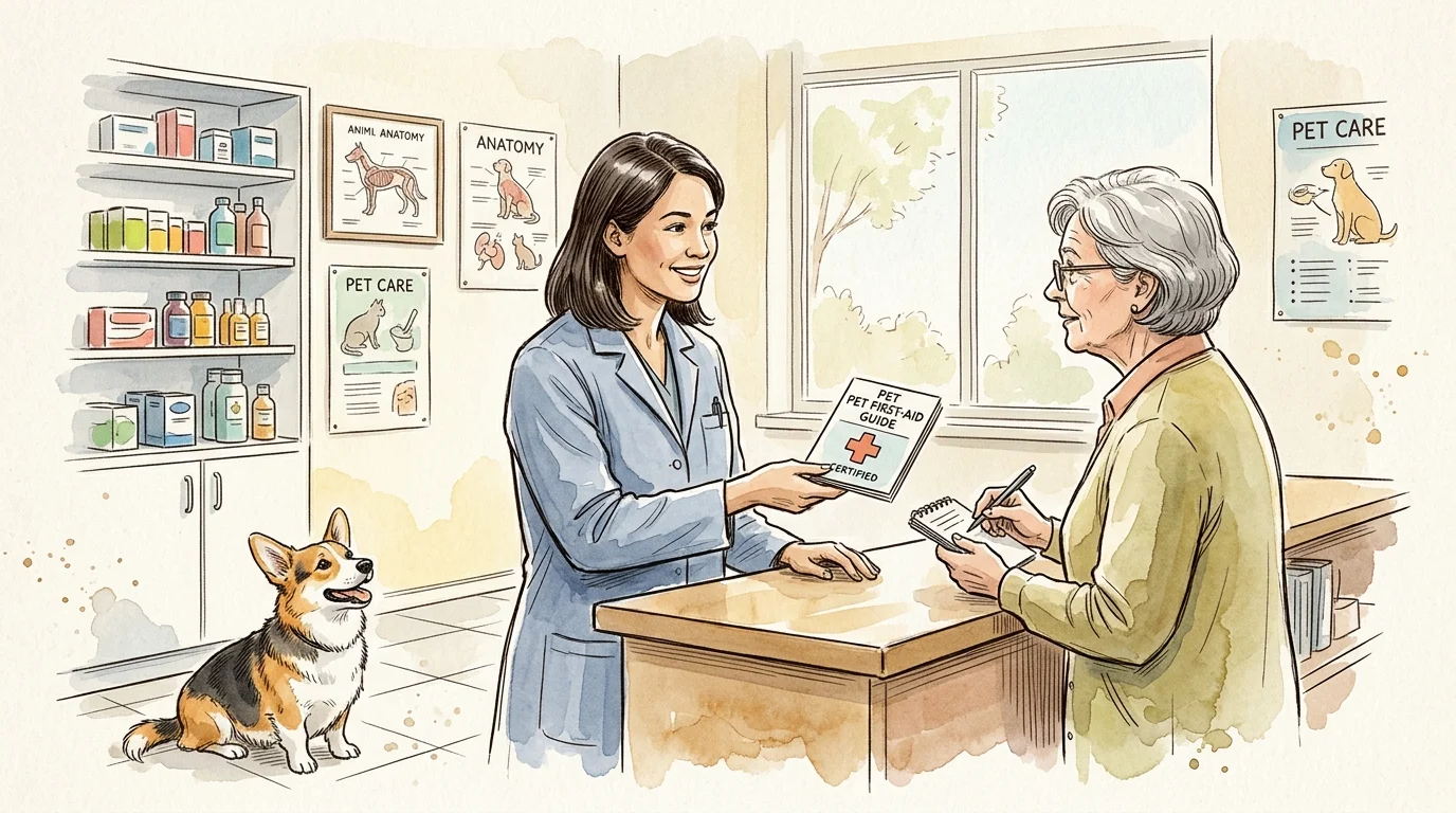 Illustration of a vet handing a pet first-aid guide to a senior woman at a clinic counter with a corgi nearby.