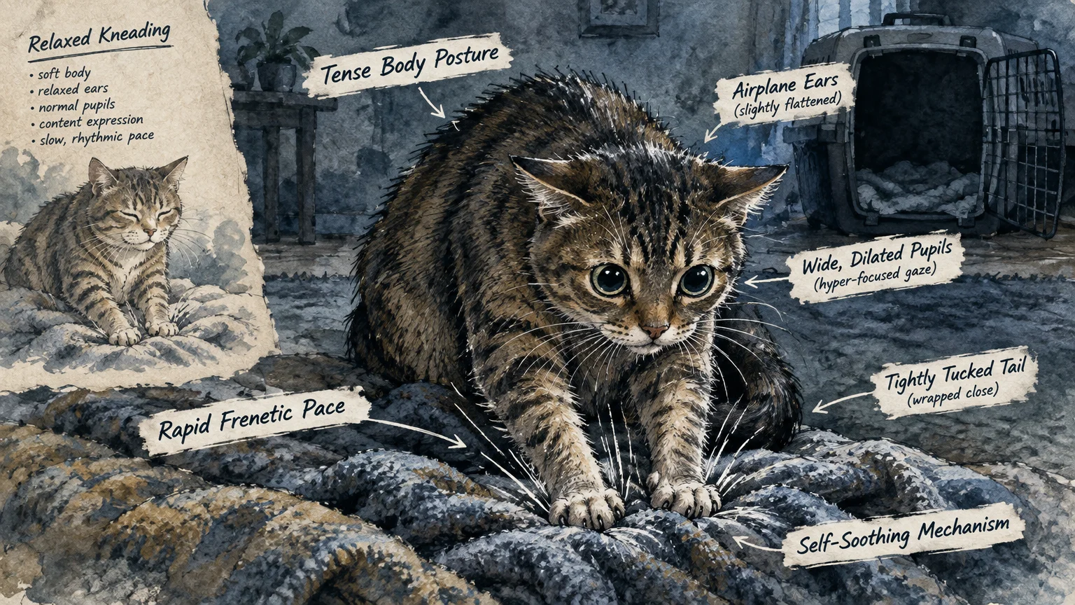 Illustrated diagram comparing a relaxed kneading cat with an anxious, wide-eyed cat displaying tense body posture.