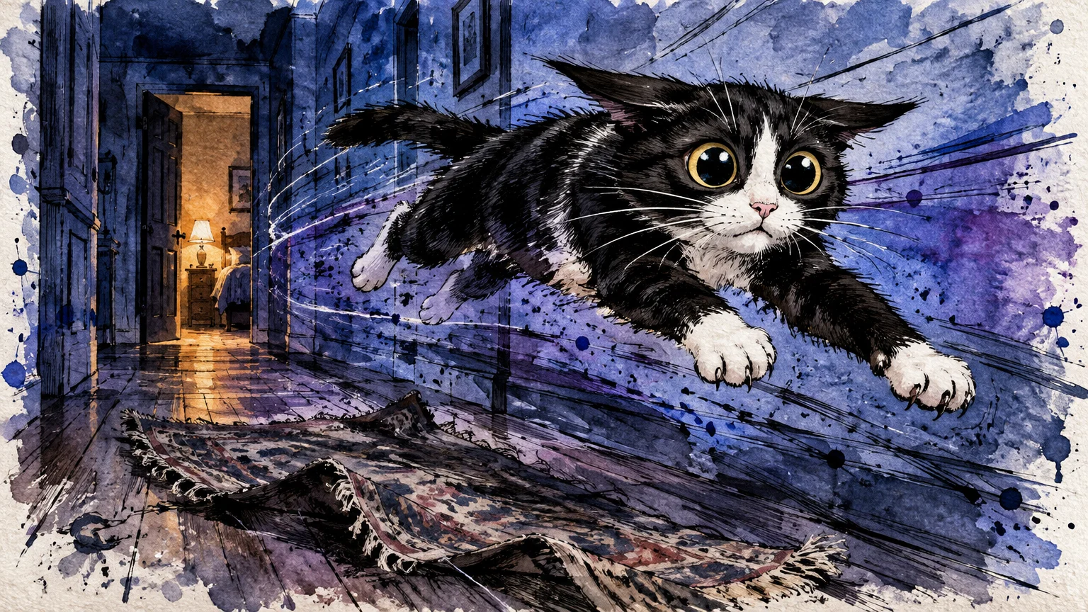 Watercolor illustration of a wide-eyed black-and-white cat sprinting mid-air down a dark hallway over a rumpled rug.