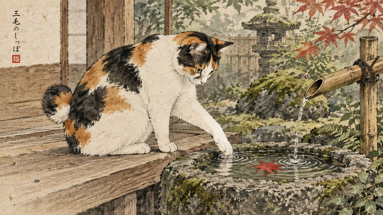 Watercolor illustration of a calico Japanese Bobtail dipping its paw into a stone water basin in a garden.
