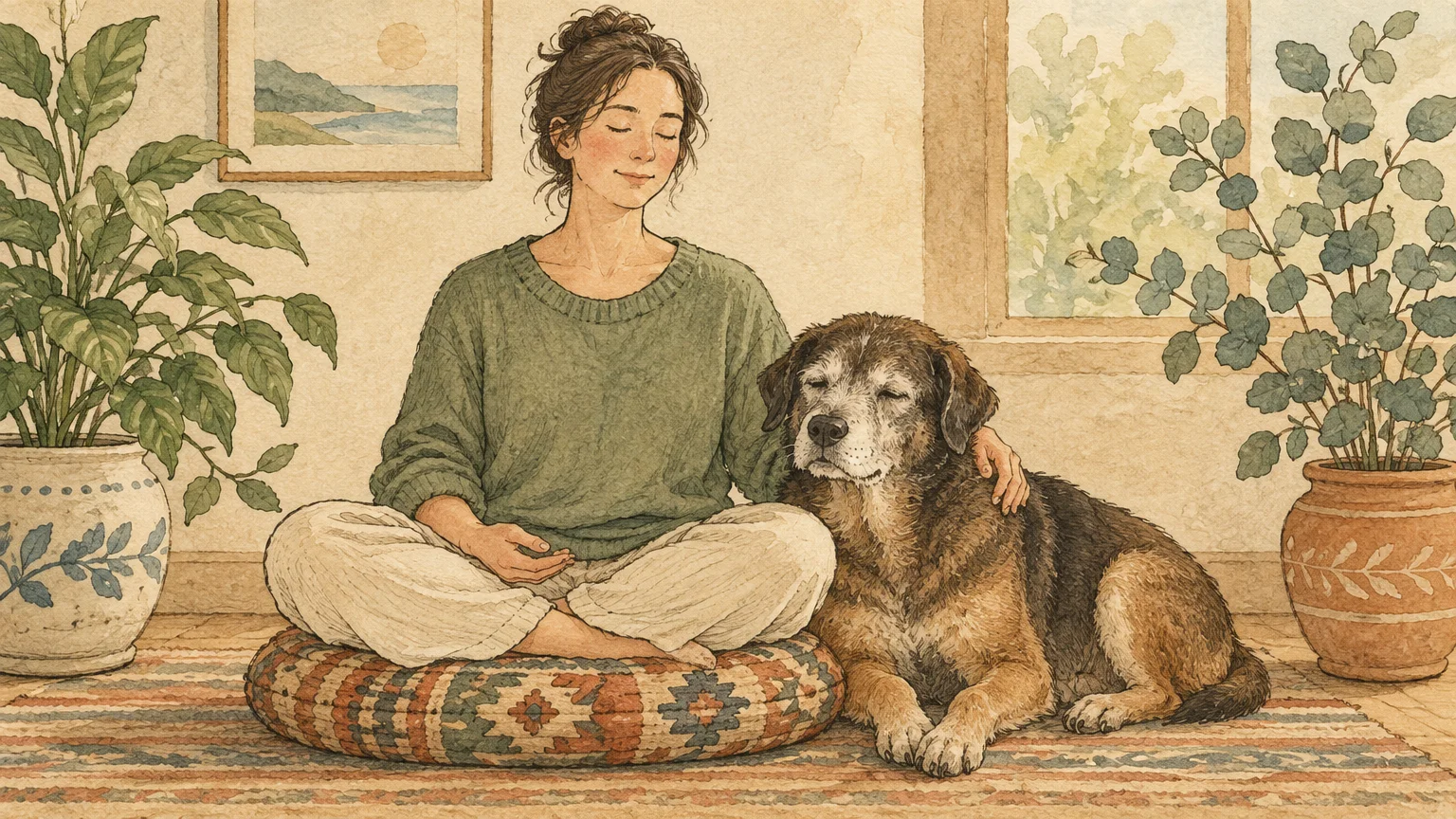 Watercolor illustration of a serene woman meditating cross-legged on a floor cushion beside her resting senior dog.