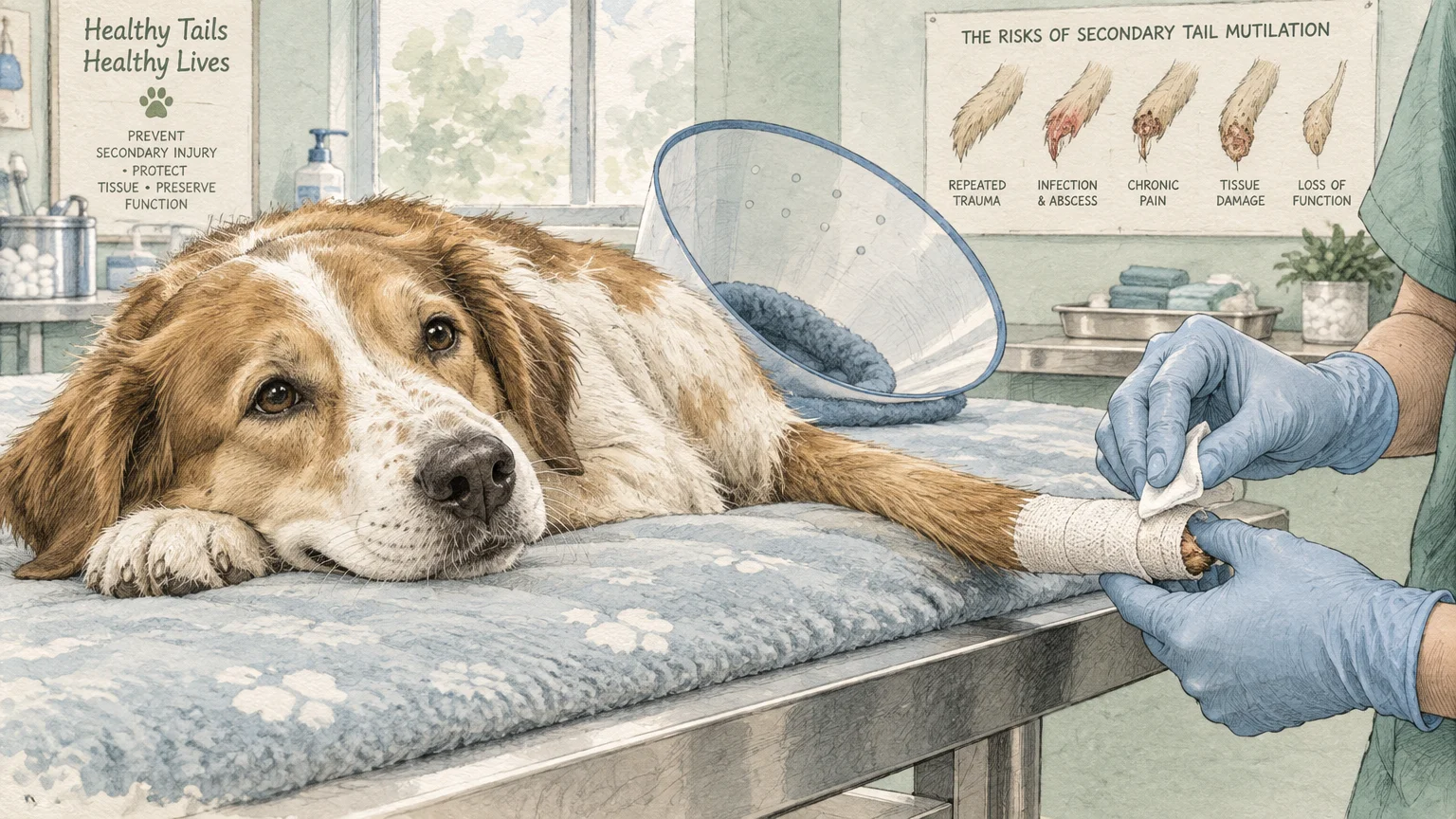 Illustration of a dog lying on an examination table while a gloved veterinarian cleans its bandaged paw.
