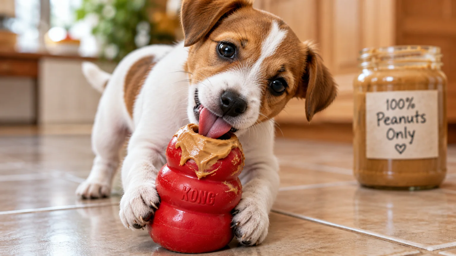 A Jack Russell puppy licks peanut butter from a red rubber chew toy next to a jar labeled 100% Peanuts Only.