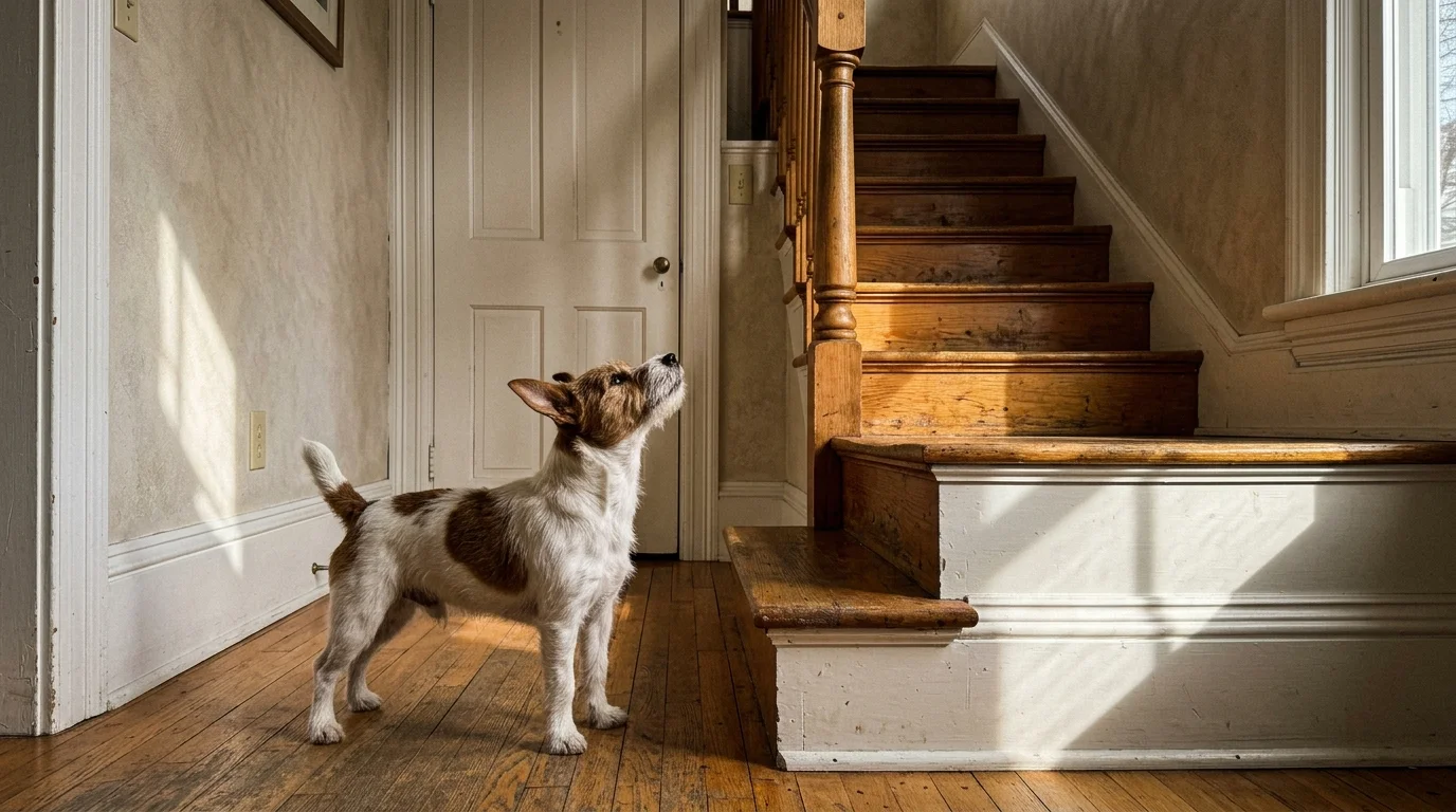 A small brown and white Jack Russell terrier stands on a hardwood floor, looking intently up toward a staircase.