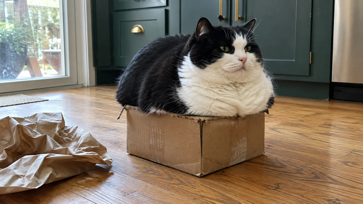 A large black-and-white cat rests squeezed inside a tiny cardboard box on a hardwood kitchen floor.