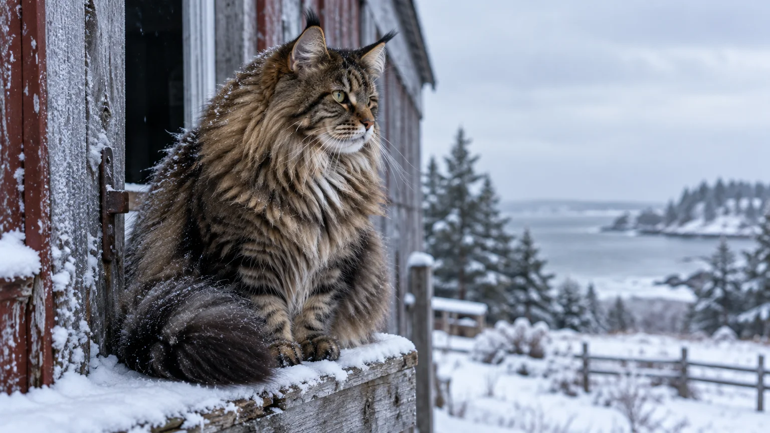 Fluffy brown tabby Maine Coon cat perched on a snow-covered wooden windowsill against a wintry coastal landscape.