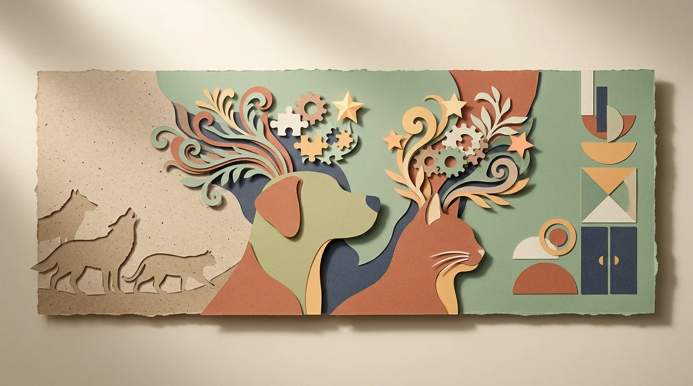 Paper craft collage of a dog and cat silhouette with gears, puzzle pieces, and swirls emerging from their heads.