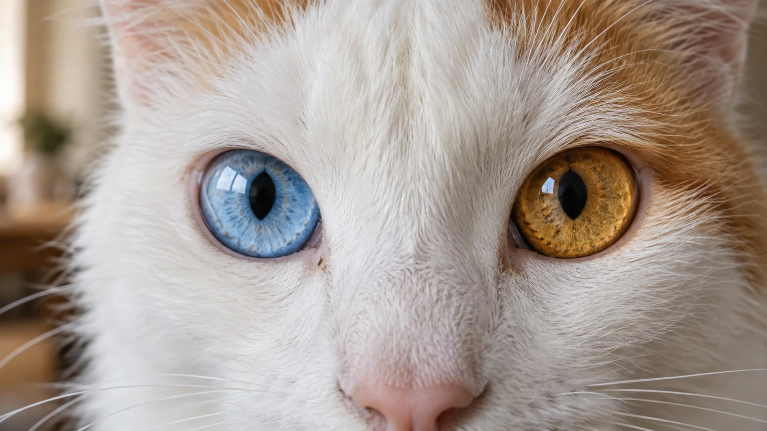 Close-up of a white and orange cat with complete heterochromia, featuring one bright blue eye and one amber eye.